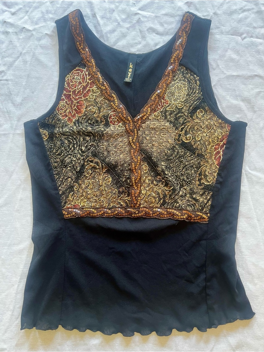 Key Made in Italy Black Gold Sequin Embroidered Mob Wife Tank Top Renaissance